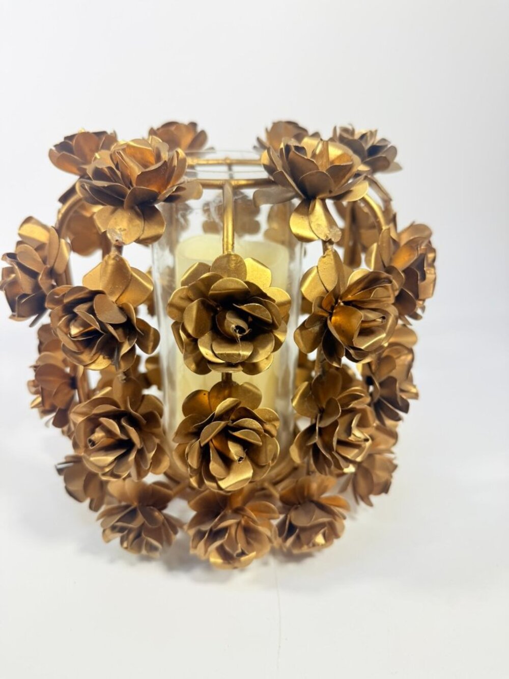 Candle Holder Vase Metal Flowers Roses Table Centerpiece Brushed Gold  Vintage T - Picture 5 of 16